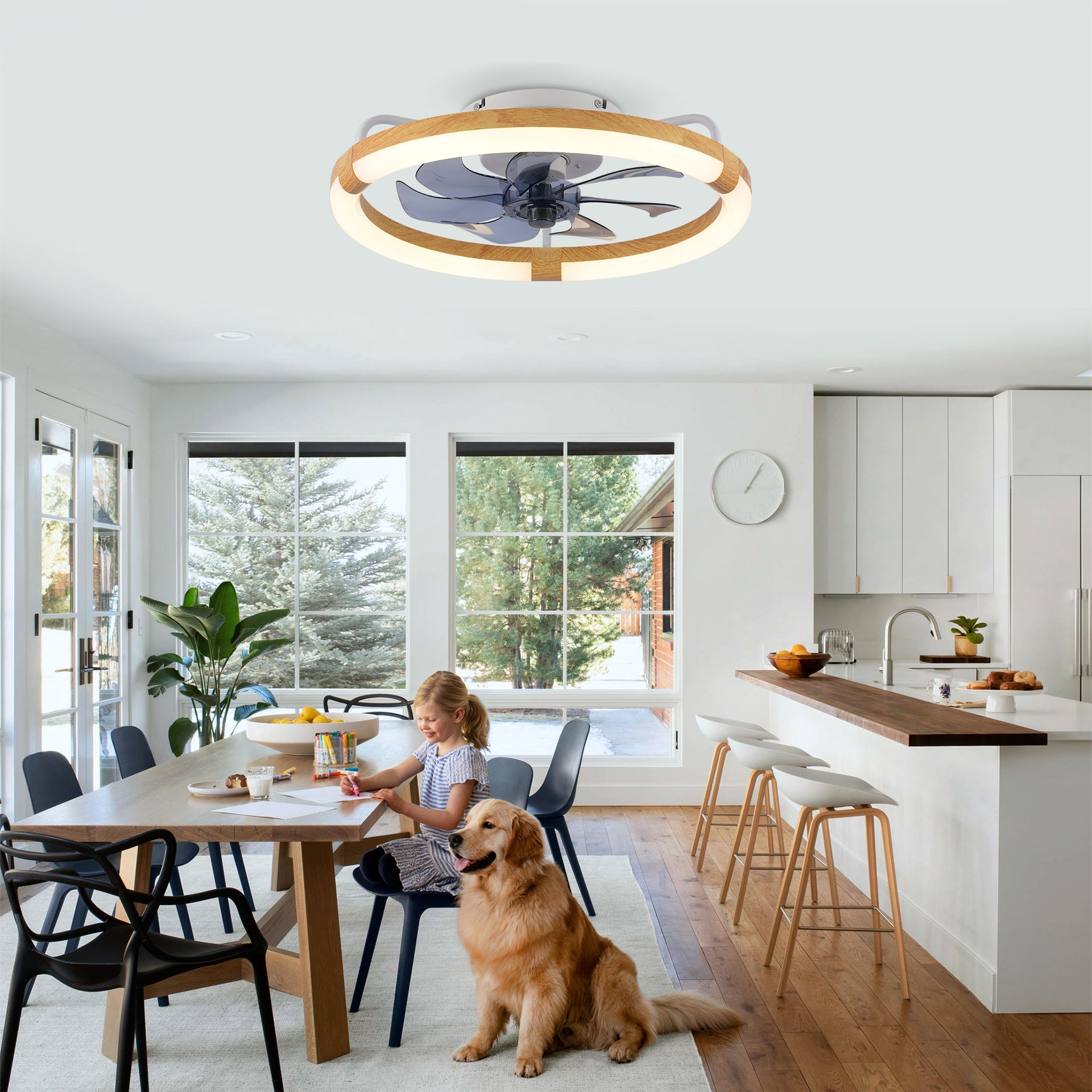 20" Ceiling Fans with Kit ,LED Light Source and Remote Control, 3000-6500K Dimmable Modern Flush Mount LED Fan Light, 6 Speeds, Quiet DC Motor For Living room, Bedroom,Kitchen----Matte White+WOOD