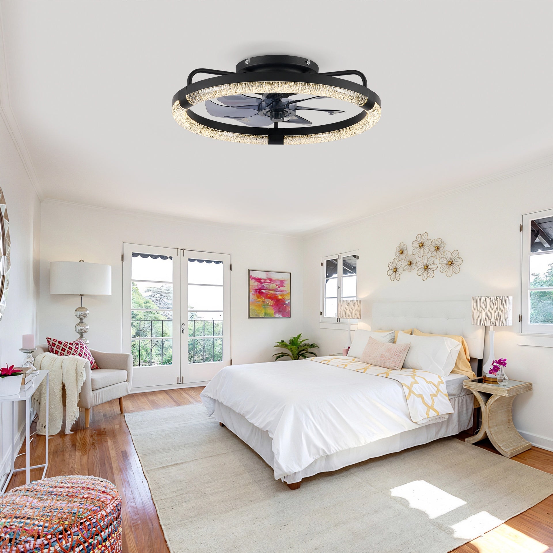 20" Ceiling Fans with Kit ,LED Light Source and Remote Control, 3000-6500K Dimmable Modern Flush Mount LED Fan Light, 6 Speeds, Quiet DC Motor For Living room, Bedroom,Kitchen----Matte Black