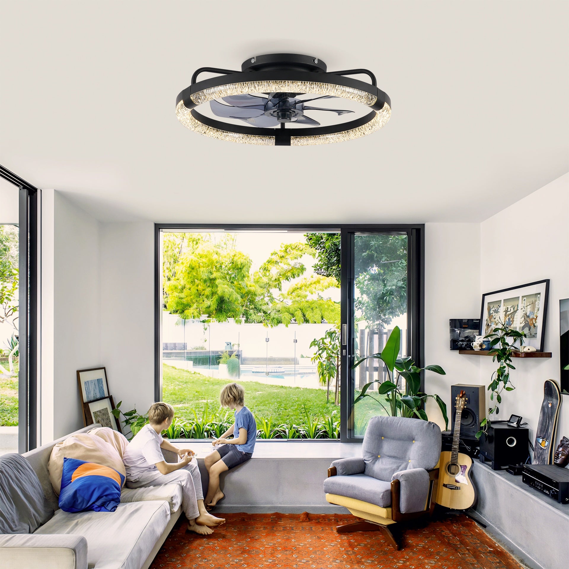 20" Ceiling Fans with Kit ,LED Light Source and Remote Control, 3000-6500K Dimmable Modern Flush Mount LED Fan Light, 6 Speeds, Quiet DC Motor For Living room, Bedroom,Kitchen----Matte Black