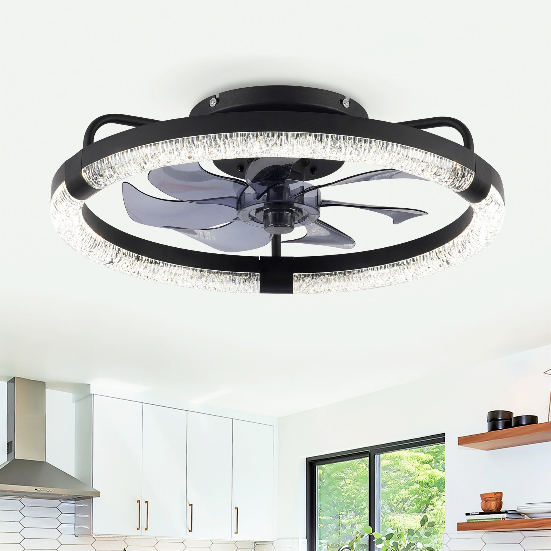 20" Ceiling Fans with Kit ,LED Light Source and Remote Control, 3000-6500K Dimmable Modern Flush Mount LED Fan Light, 6 Speeds, Quiet DC Motor For Living room, Bedroom,Kitchen----Matte Black