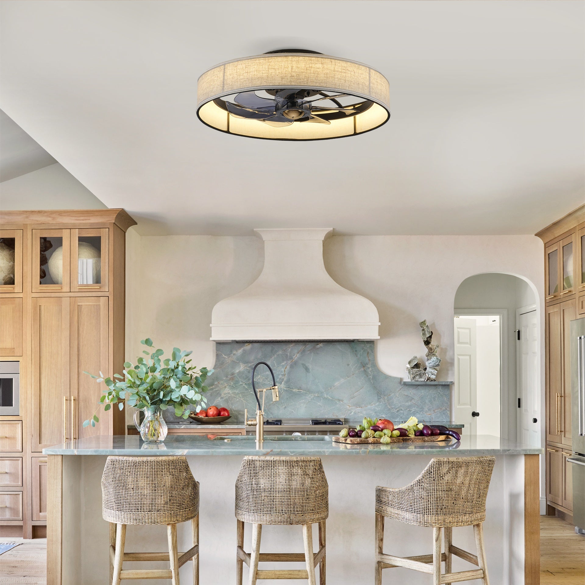 20"   Fabric Farmhouse 7 PCS Blades Ceiling fan With Remote Control, Quiet DC Motor Ceiling Fan   For Living room, Bedroom,Kitchen--NOT INCLUDED BULBS
