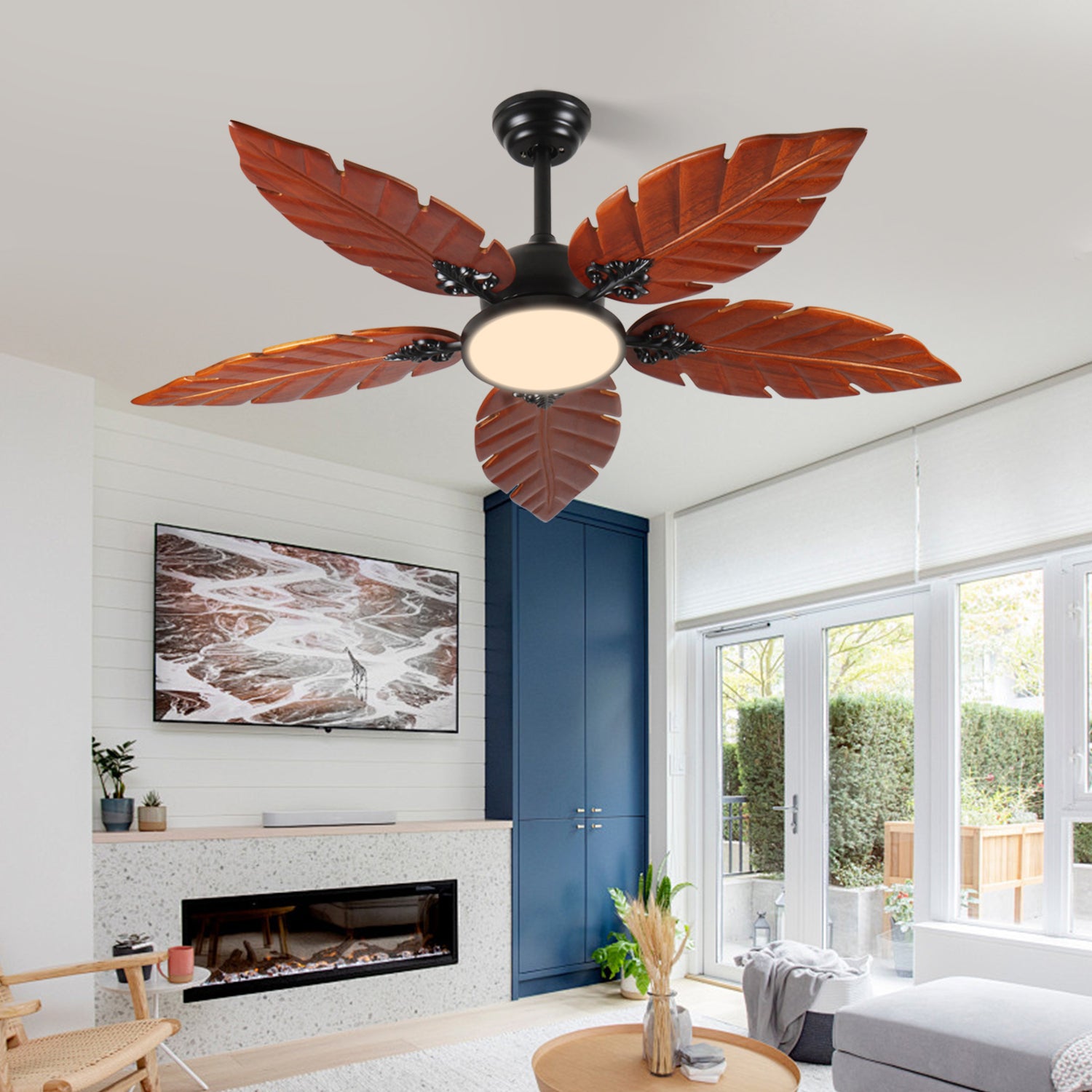 52 Inch Tropical Ceiling Fan with Light, Palm Leaf Indoor/Outdoor Ceiling Fan for Patio and Living Room, Reversible Fan, Black Bronze.