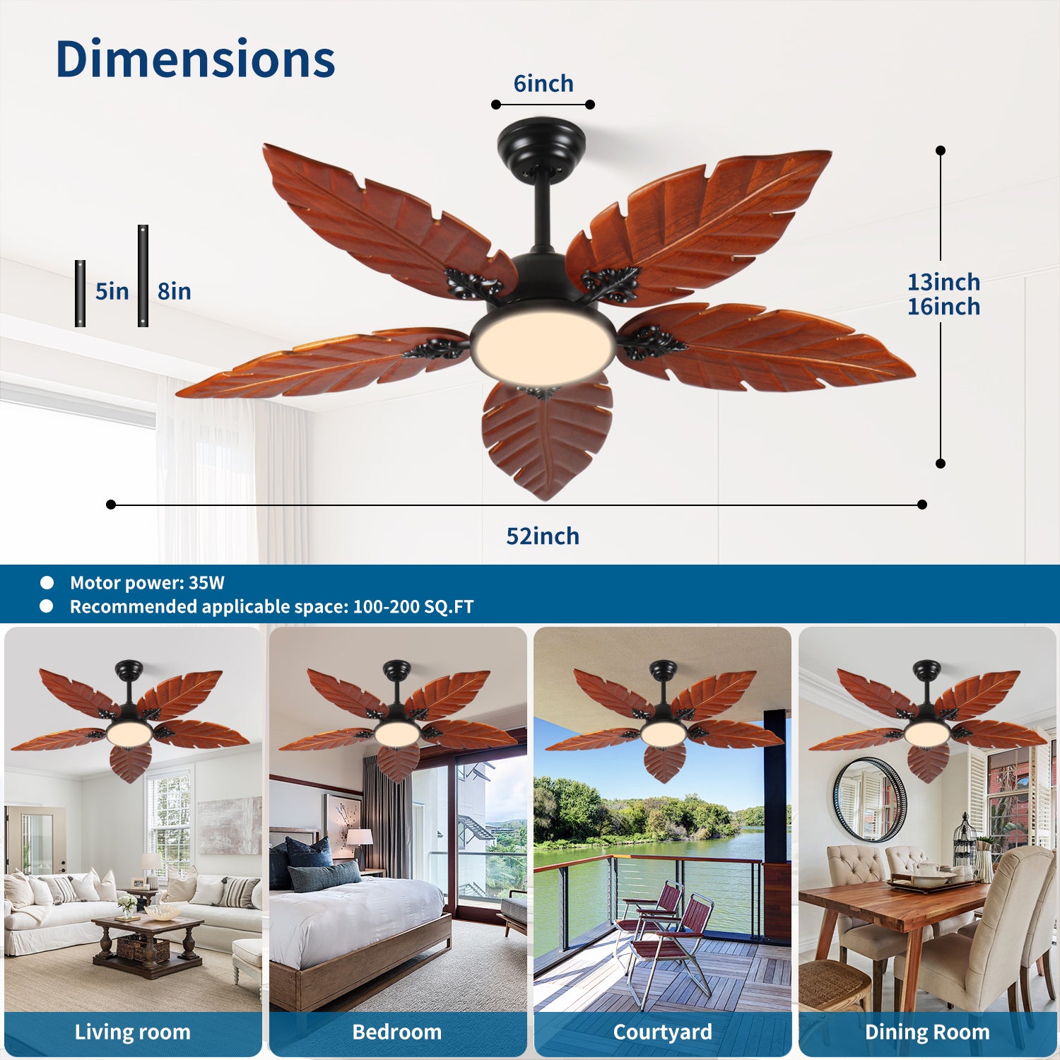 52 Inch Tropical Ceiling Fan with Light, Palm Leaf Indoor/Outdoor Ceiling Fan for Patio and Living Room, Reversible Fan, Black Bronze.