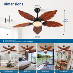 52 Inch Tropical Ceiling Fan with Light, Palm Leaf Indoor/Outdoor Ceiling Fan for Patio and Living Room, Reversible Fan, Black Bronze.