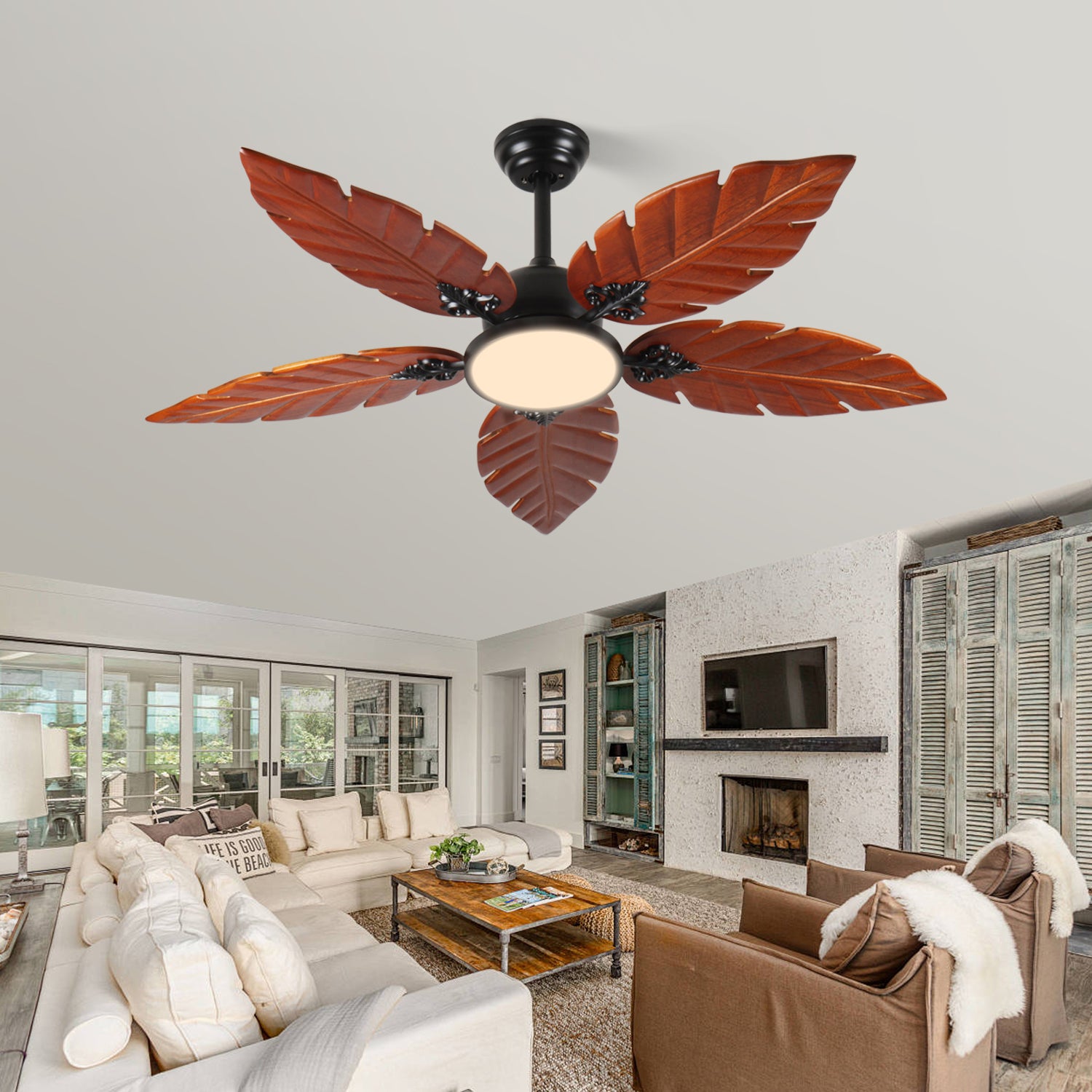 52 Inch Tropical Ceiling Fan with Light, Palm Leaf Indoor/Outdoor Ceiling Fan for Patio and Living Room, Reversible Fan, Black Bronze.