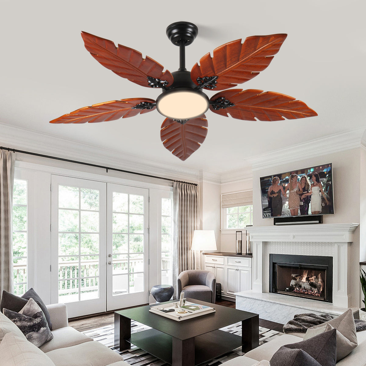 52 Inch Tropical Ceiling Fan with Light, Palm Leaf Indoor/Outdoor Ceiling Fan for Patio and Living Room, Reversible Fan, Black Bronze.