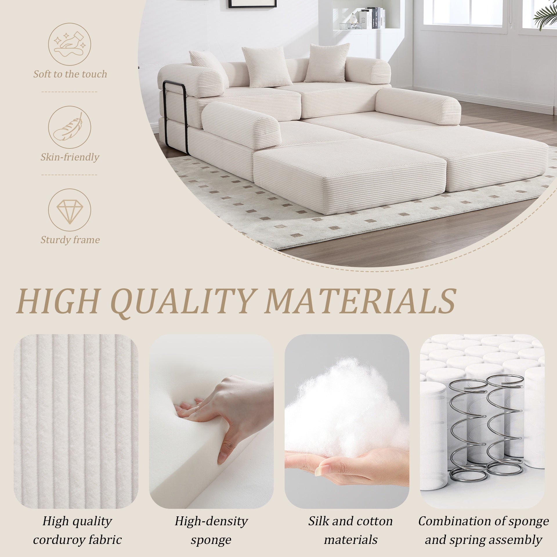 UNITED WE WIN convertible folding sofa bed, with fixed frame and pillow back handrail, cloud corduroy folding mattress sofa, folding memory foam bed in living room/dormitory/guest room/home office/apt