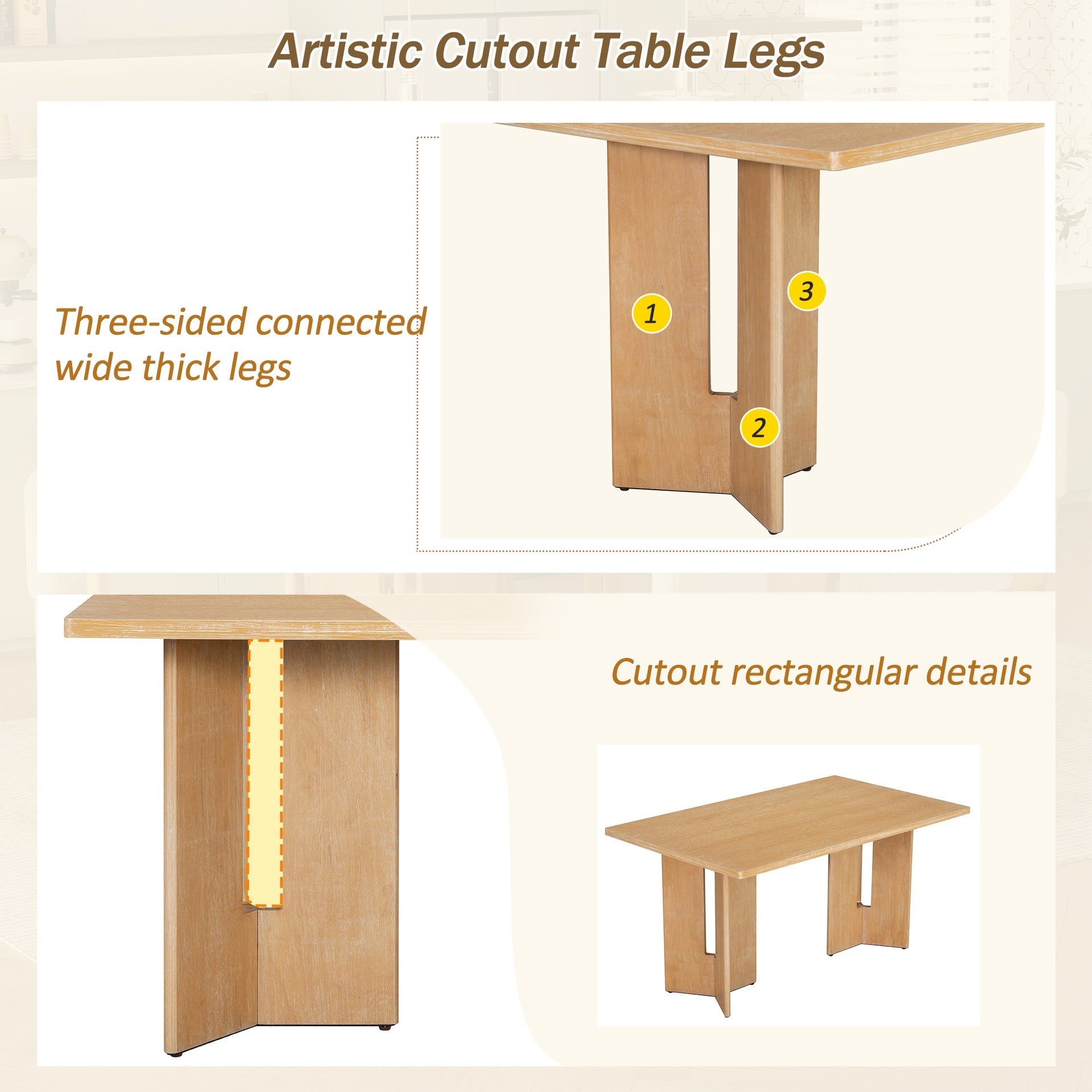 TREXM Farmhouse Wood Dining Table, 60" Rectangular Dining Table with Cutout Table Legs for Dining Room, Kitchen and Living Room (Natural Wood Wash)