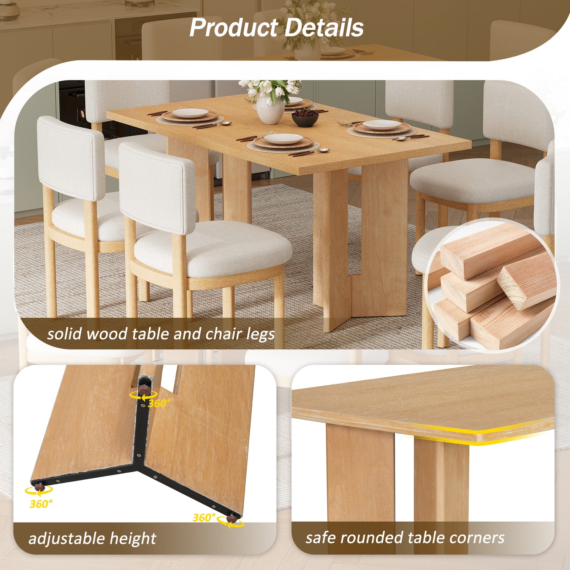 TREXM Farmhouse Wood Dining Table, 60" Rectangular Dining Table with Cutout Table Legs for Dining Room, Kitchen and Living Room (Natural Wood Wash)
