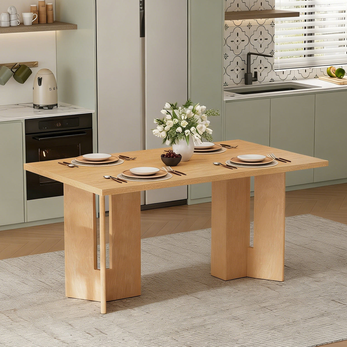 TREXM Farmhouse Wood Dining Table, 60" Rectangular Dining Table with Cutout Table Legs for Dining Room, Kitchen and Living Room (Natural Wood Wash)