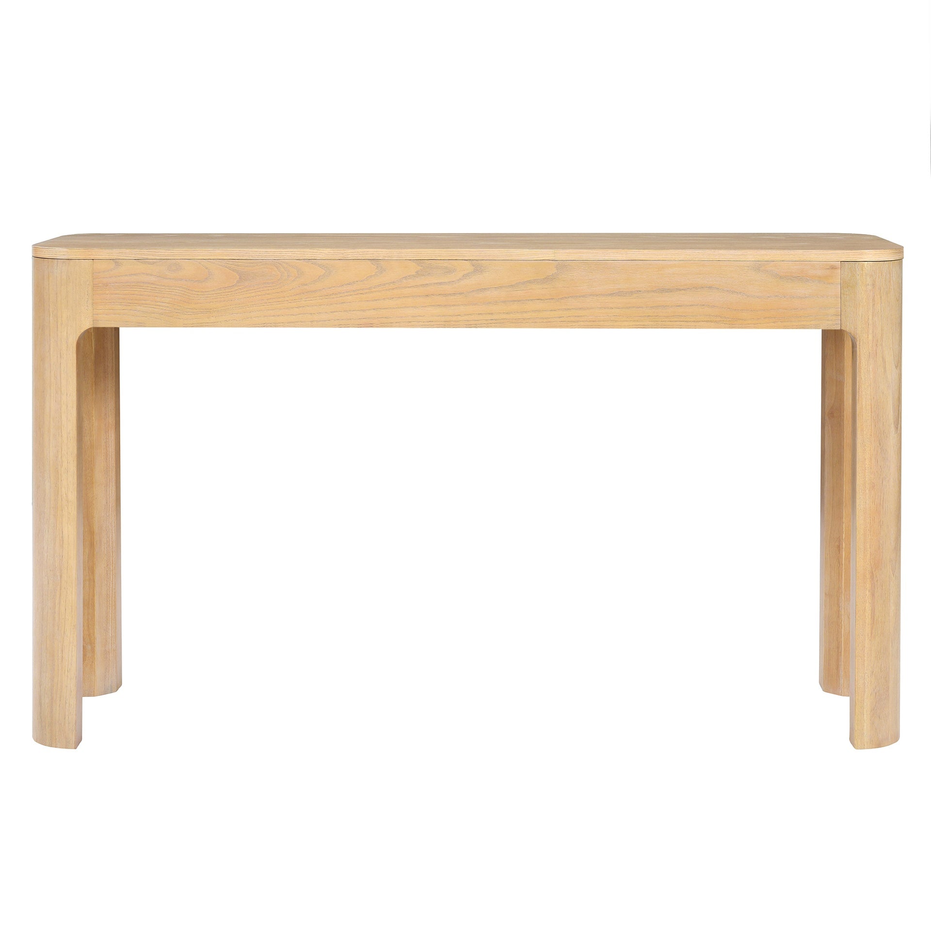 TREXM Rustic Console Table with Curved Corners for Safety, Entryway Table with 3 Concealed Drawers, Sturdy Sofa Table with Thick Legs for Hallway & Living Room (Light Oak)