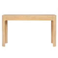 TREXM Rustic Console Table with Curved Corners for Safety, Entryway Table with 3 Concealed Drawers, Sturdy Sofa Table with Thick Legs for Hallway & Living Room (Light Oak)