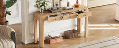 TREXM Rustic Console Table with Curved Corners for Safety, Entryway Table with 3 Concealed Drawers, Sturdy Sofa Table with Thick Legs for Hallway & Living Room (Light Oak)