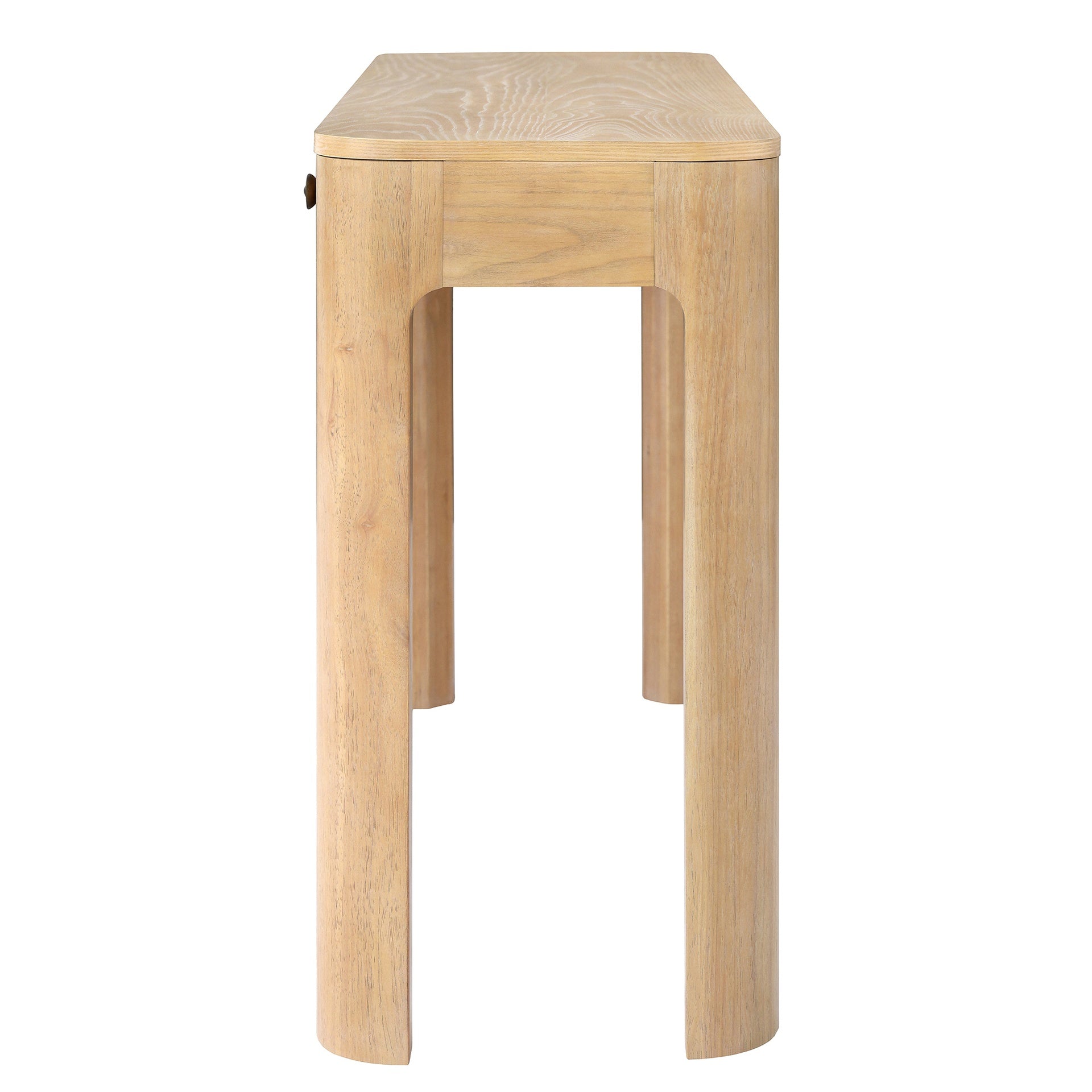 TREXM Rustic Console Table with Curved Corners for Safety, Entryway Table with 3 Concealed Drawers, Sturdy Sofa Table with Thick Legs for Hallway & Living Room (Light Oak)