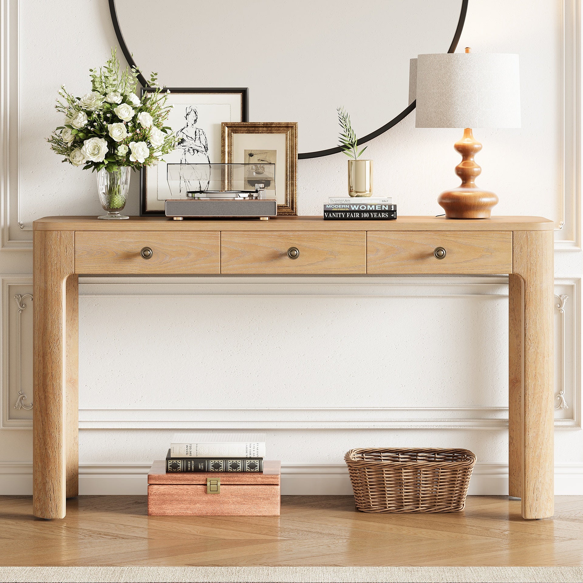 TREXM Rustic Console Table with Curved Corners for Safety, Entryway Table with 3 Concealed Drawers, Sturdy Sofa Table with Thick Legs for Hallway & Living Room (Light Oak)