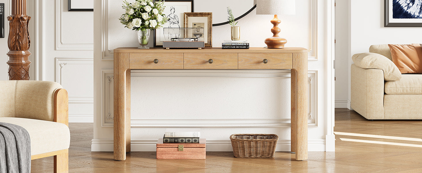 TREXM Rustic Console Table with Curved Corners for Safety, Entryway Table with 3 Concealed Drawers, Sturdy Sofa Table with Thick Legs for Hallway & Living Room (Light Oak)