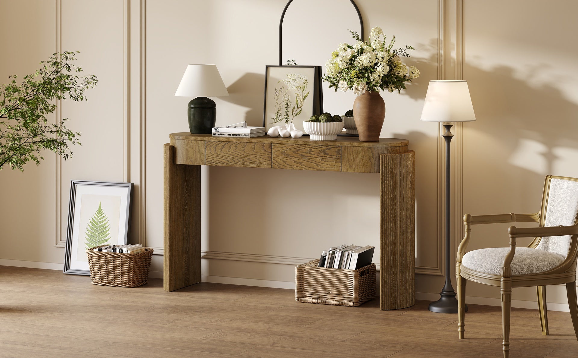 TREXM Entryway Table with Natural Wood Grain Finish, Console Table with Fluted Design, Oval Top and 2 Drawers for Entryway and Living Room (Pine Wood)