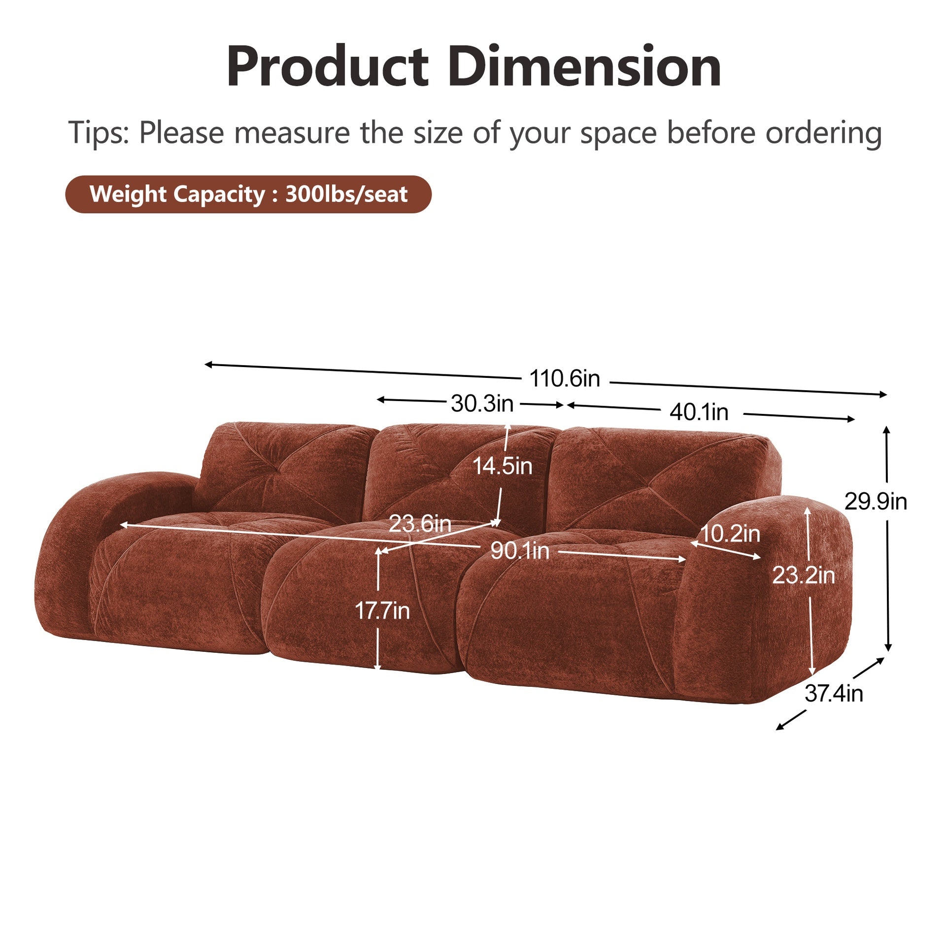 110''Boneless Sofa With Tufted,Soft Velvet  Fabric,Modular Sectional Sofa Couches,32D High Density Sponge,Anti-Slip Design,Ergonomic Design Bottom,No Assembly Required,For Study,Home Theater,Red Brown