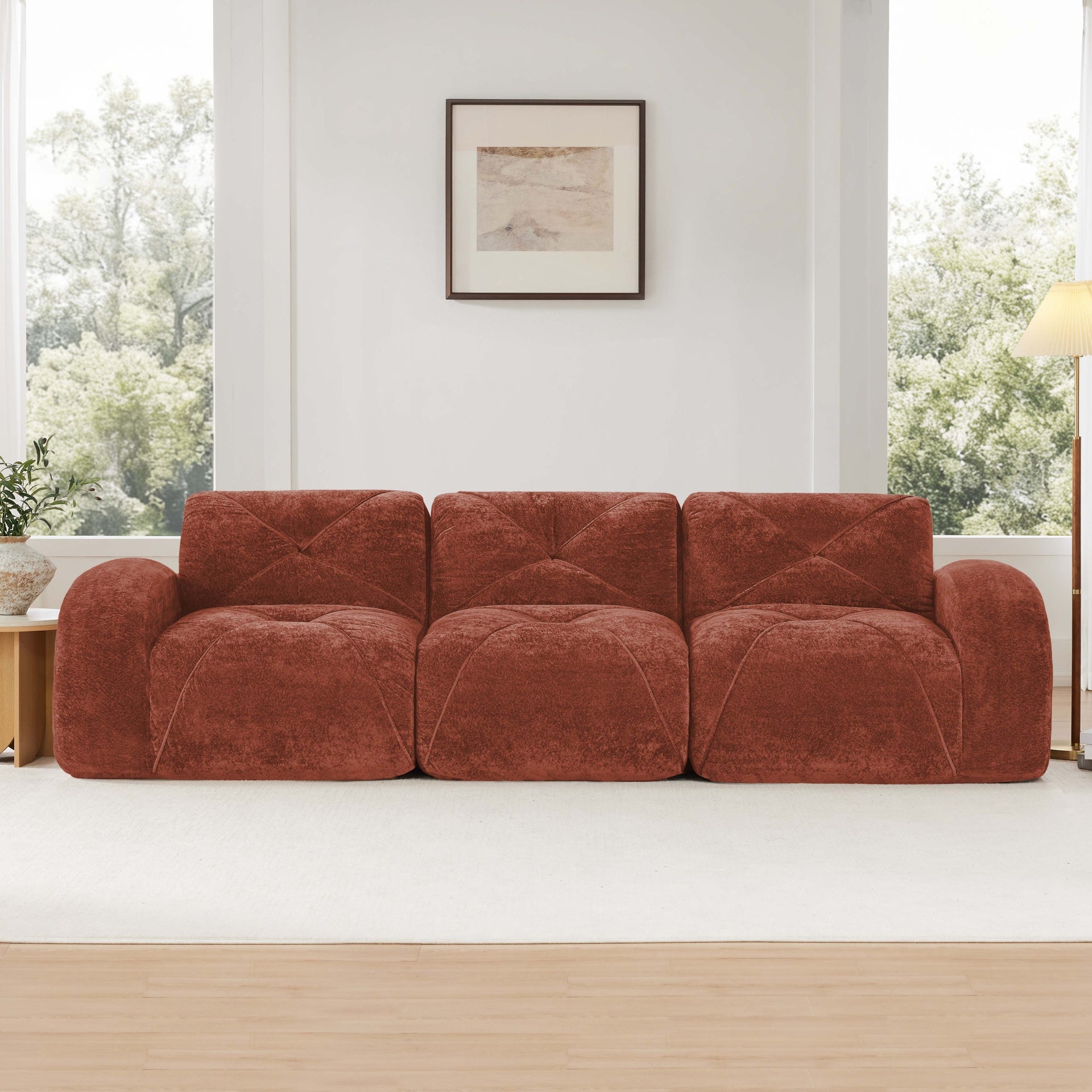 110''Boneless Sofa With Tufted,Soft Velvet  Fabric,Modular Sectional Sofa Couches,32D High Density Sponge,Anti-Slip Design,Ergonomic Design Bottom,No Assembly Required,For Study,Home Theater,Red Brown