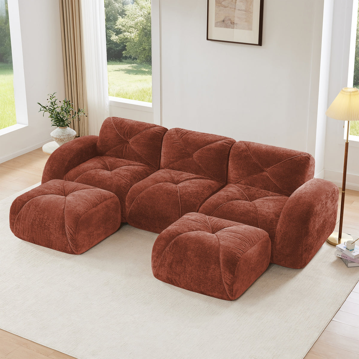 U-shaped Boneless Sofa,Tufted Design,32D High Density Sponge,Bottom Anti-Slip Design,No Assembly Required Bottom,Free Combination,Movable Ottomans For Study And Home Theater, Red Brown