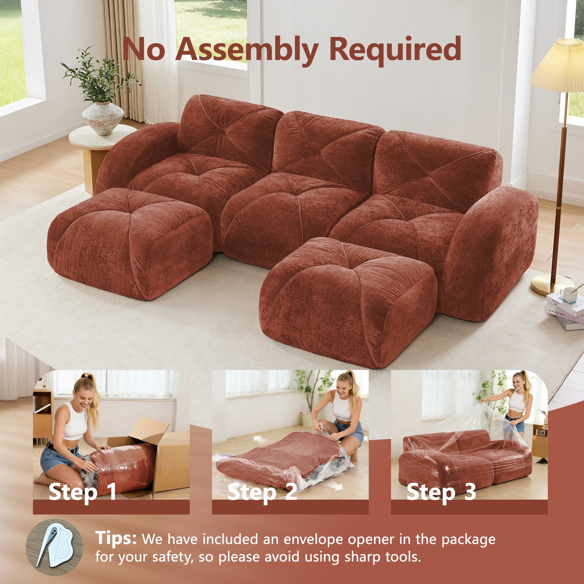 U-shaped Boneless Sofa,Tufted Design,32D High Density Sponge,Bottom Anti-Slip Design,No Assembly Required Bottom,Free Combination,Movable Ottomans For Study And Home Theater, Red Brown