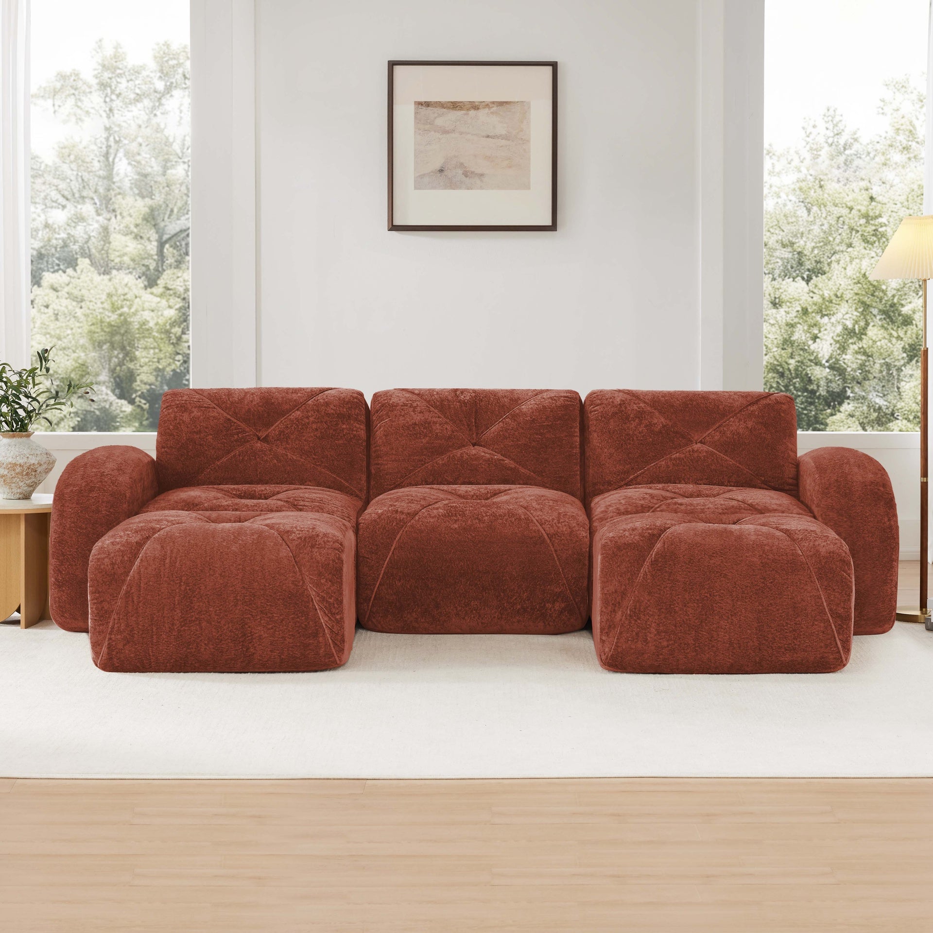 U-shaped Boneless Sofa,Tufted Design,32D High Density Sponge,Bottom Anti-Slip Design,No Assembly Required Bottom,Free Combination,Movable Ottomans For Study And Home Theater, Red Brown