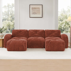 U-shaped Boneless Sofa,Tufted Design,32D High Density Sponge,Bottom Anti-Slip Design,No Assembly Required Bottom,Free Combination,Movable Ottomans For Study And Home Theater, Red Brown