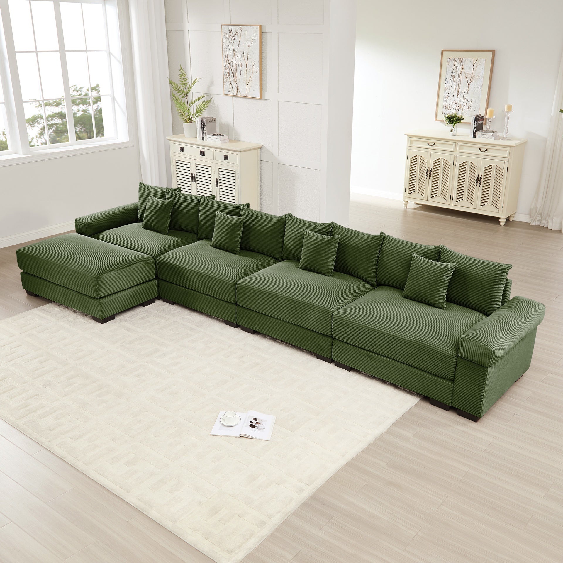 170"Oversized Cloud Modular L-Shape Sectional Couch,Soft Corduroy Fabric, With An Ottoman,Deep Seat Wide Armrests,Ergonomic Design,12 Throw Pillows, Easy Assembly,For Living Rooms Studies,Green