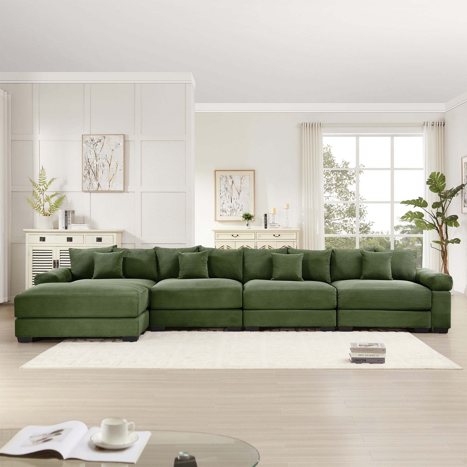 170"Oversized Cloud Modular L-Shape Sectional Couch,Soft Corduroy Fabric, With An Ottoman,Deep Seat Wide Armrests,Ergonomic Design,12 Throw Pillows, Easy Assembly,For Living Rooms Studies,Green