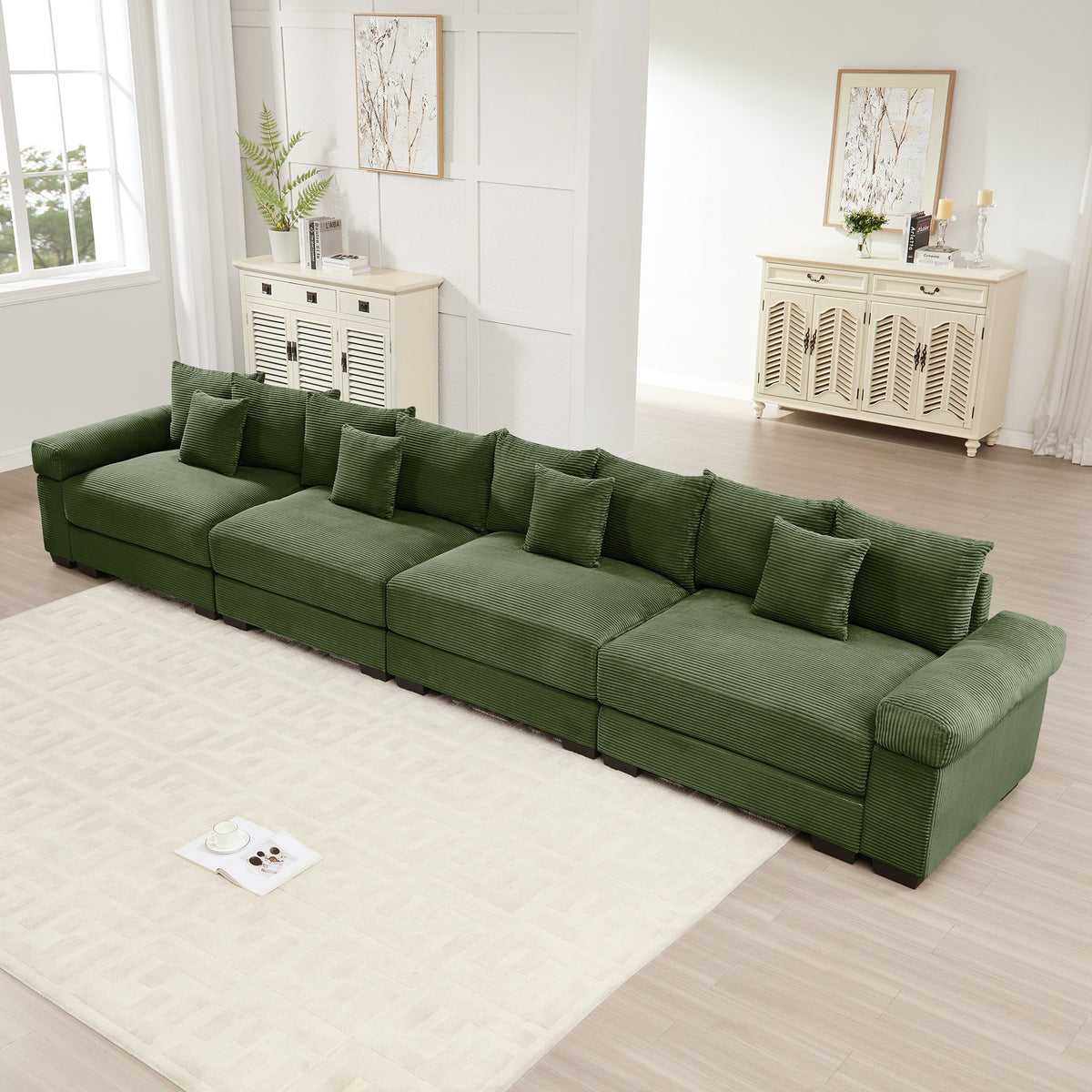 170" Oversized Cloud Modular Sectional Couch, Premium Corduroy 3-Seater Extra-Thick Armrests, Good Resilience Cushion,12 Throw Pillows, Ergonomic Design, Easy Assembly,For Living Rooms,Green
