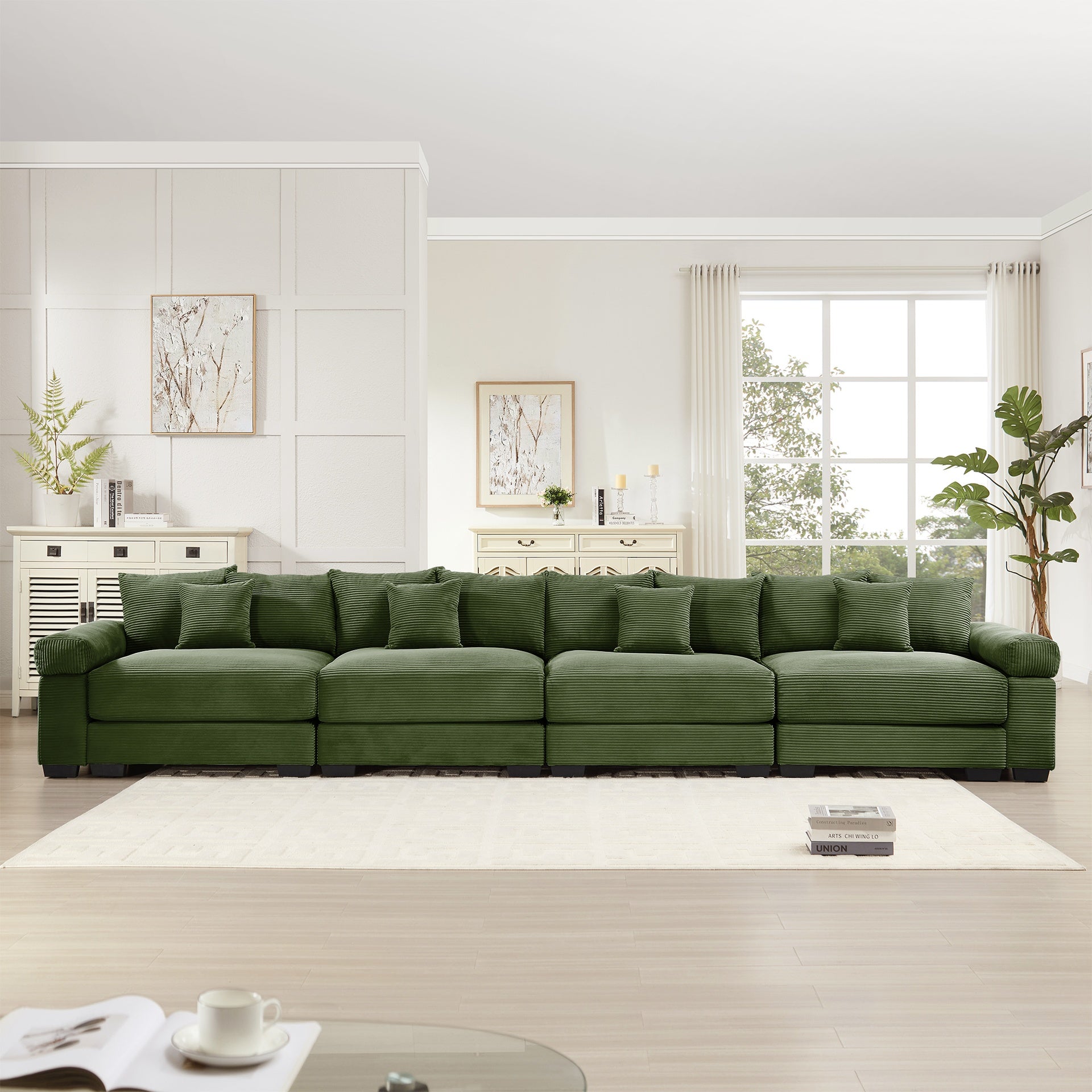 170" Oversized Cloud Modular Sectional Couch, Premium Corduroy 3-Seater Extra-Thick Armrests, Good Resilience Cushion,12 Throw Pillows, Ergonomic Design, Easy Assembly,For Living Rooms,Green