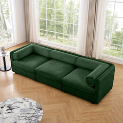 Elegant Green Chenille  Sofa with Storage Seat, Cylindrical Backrest and Armrests, Contemporary 3-Seater Fabric Couch with Hidden Storage Compartment