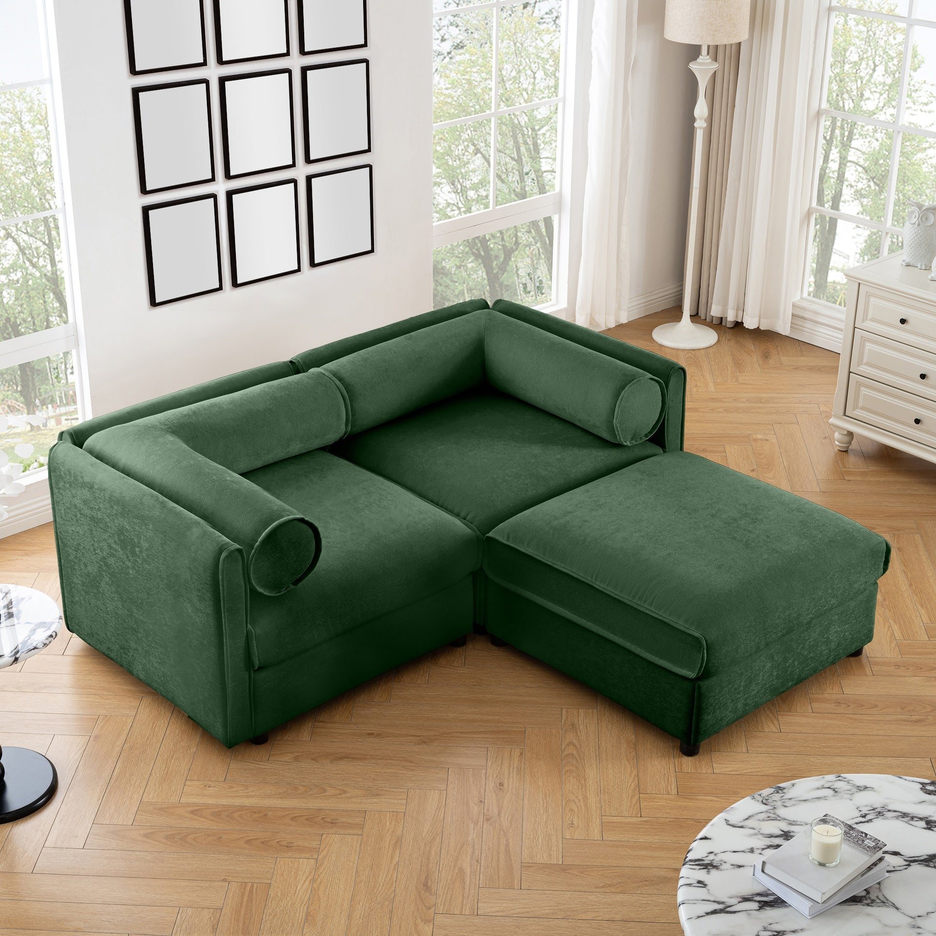 Stylish Green Chenille 2-Seater Sofa with Ottoman Storage Seat, Cylindrical Backrest and Armrests, Modern Fabric Loveseat Featuring Hidden Storage Space