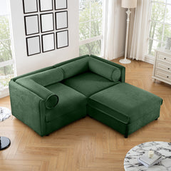 Stylish Green Chenille 2-Seater Sofa with Ottoman Storage Seat, Cylindrical Backrest and Armrests, Modern Fabric Loveseat Featuring Hidden Storage Space