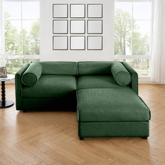 Stylish Green Chenille 2-Seater Sofa with Ottoman Storage Seat, Cylindrical Backrest and Armrests, Modern Fabric Loveseat Featuring Hidden Storage Space