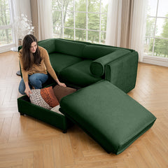Stylish Green Chenille 2-Seater Sofa with Ottoman Storage Seat, Cylindrical Backrest and Armrests, Modern Fabric Loveseat Featuring Hidden Storage Space