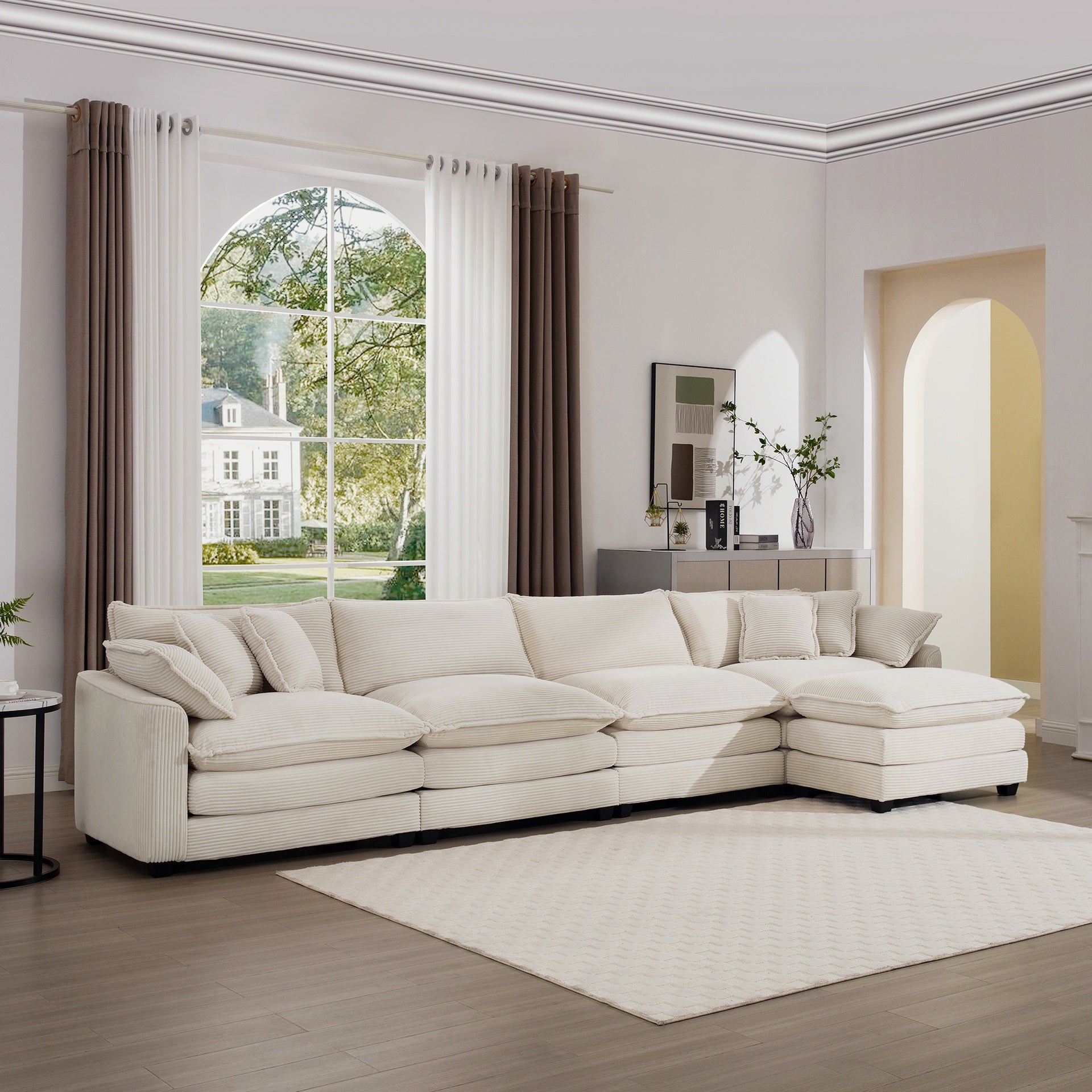 Modern Upholstered L Shape Modular Sectional Sofa, 4 Seater Sofa with with 1 Ottoman, Comfortable Corduroy Fabric Couch Sofa,  Light Beige Corduroy Fabirc