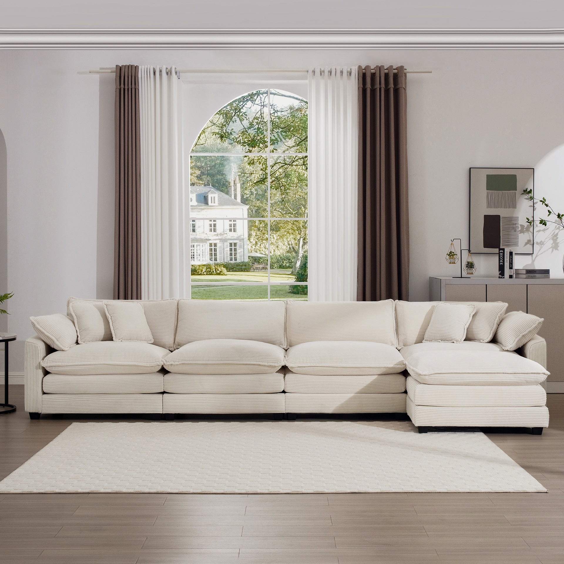 Modern Upholstered L Shape Modular Sectional Sofa, 4 Seater Sofa with with 1 Ottoman, Comfortable Corduroy Fabric Couch Sofa,  Light Beige Corduroy Fabirc