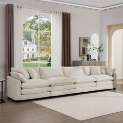 Modern Upholstered 4 Seater Fabric Sofa with Comfortable Back Cushions, Seat Cushions and Pillows, Light Beige Corduroy Sofa ,