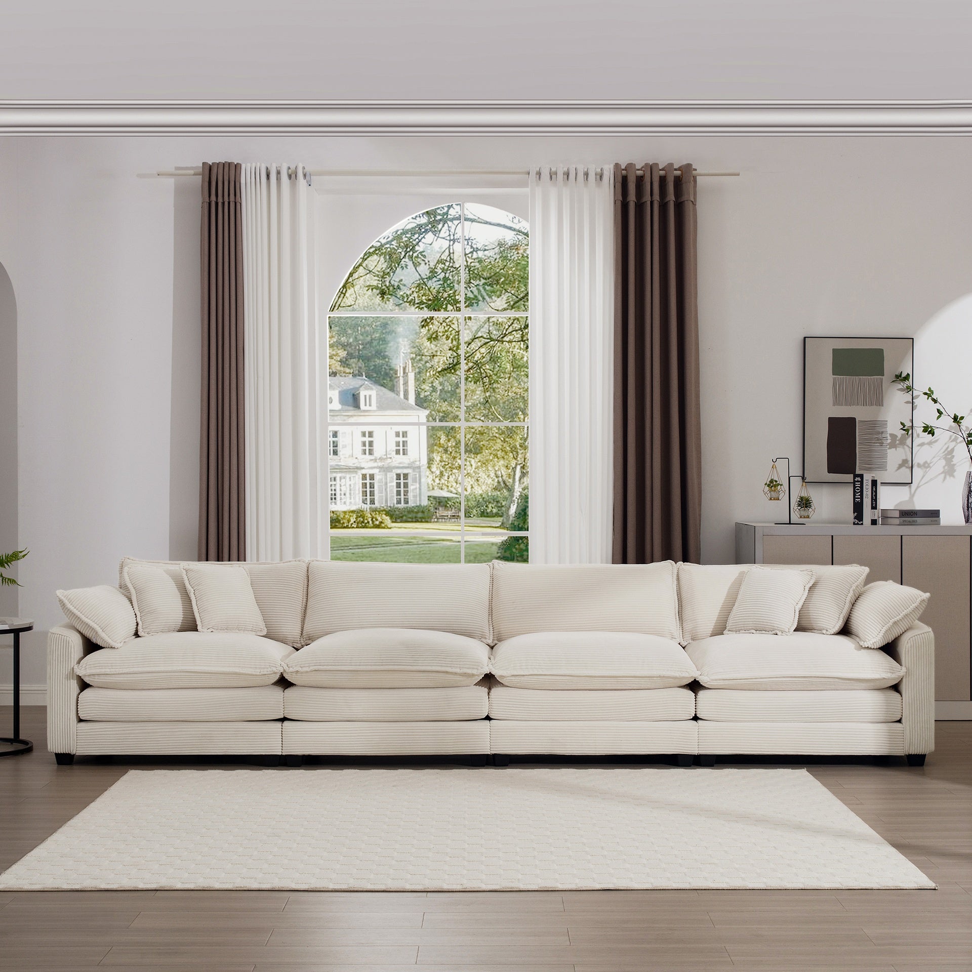 Modern Upholstered 4 Seater Fabric Sofa with Comfortable Back Cushions, Seat Cushions and Pillows, Light Beige Corduroy Sofa ,