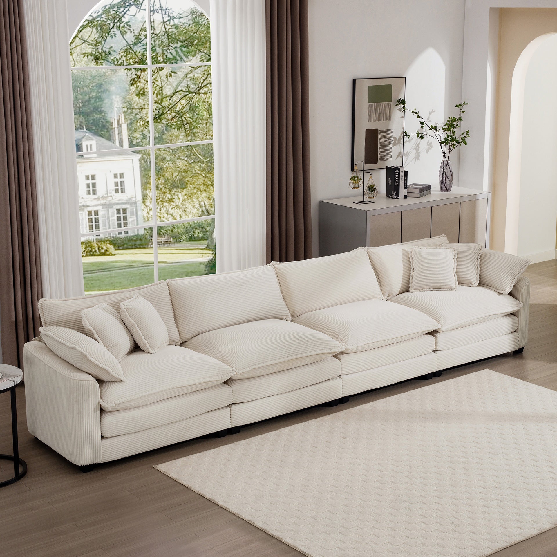 Modern Upholstered 4 Seater Fabric Sofa with Comfortable Back Cushions, Seat Cushions and Pillows, Light Beige Corduroy Sofa ,