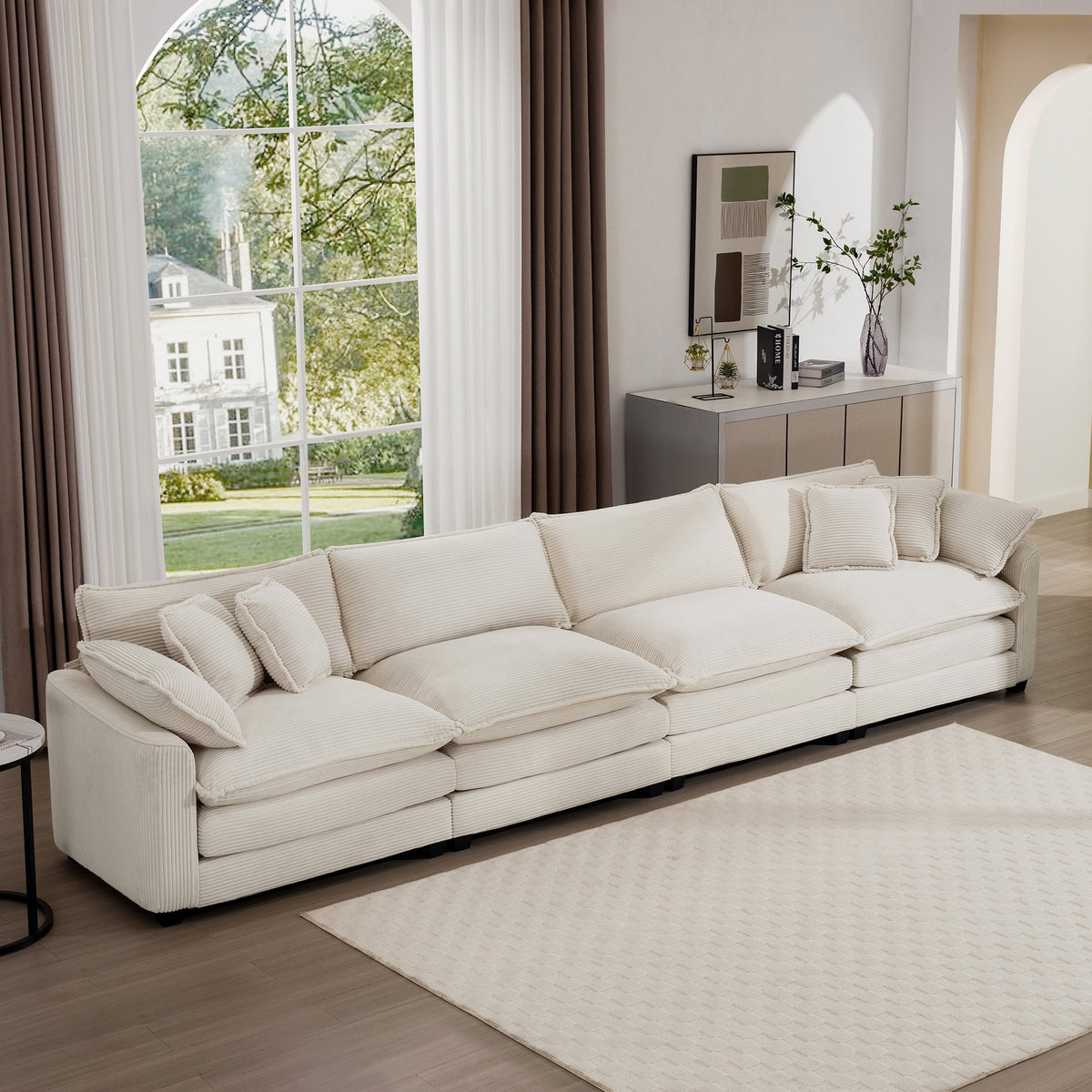 Modern Upholstered 4 Seater Fabric Sofa with Comfortable Back Cushions, Seat Cushions and Pillows, Light Beige Corduroy Sofa ,
