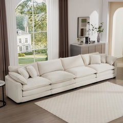 Modern Upholstered 4 Seater Fabric Sofa with Comfortable Back Cushions, Seat Cushions and Pillows, Light Beige Corduroy Sofa ,
