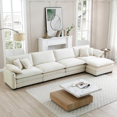 Corduroy Sofa Modern Upholstered 4 Seater with with 1 Footstool Corduroy Fabric Sofa , Office Living Room Apartment Comfort Sofa, Easy to Assemble with 2 Arm Pillows and 4 Throw Pillows