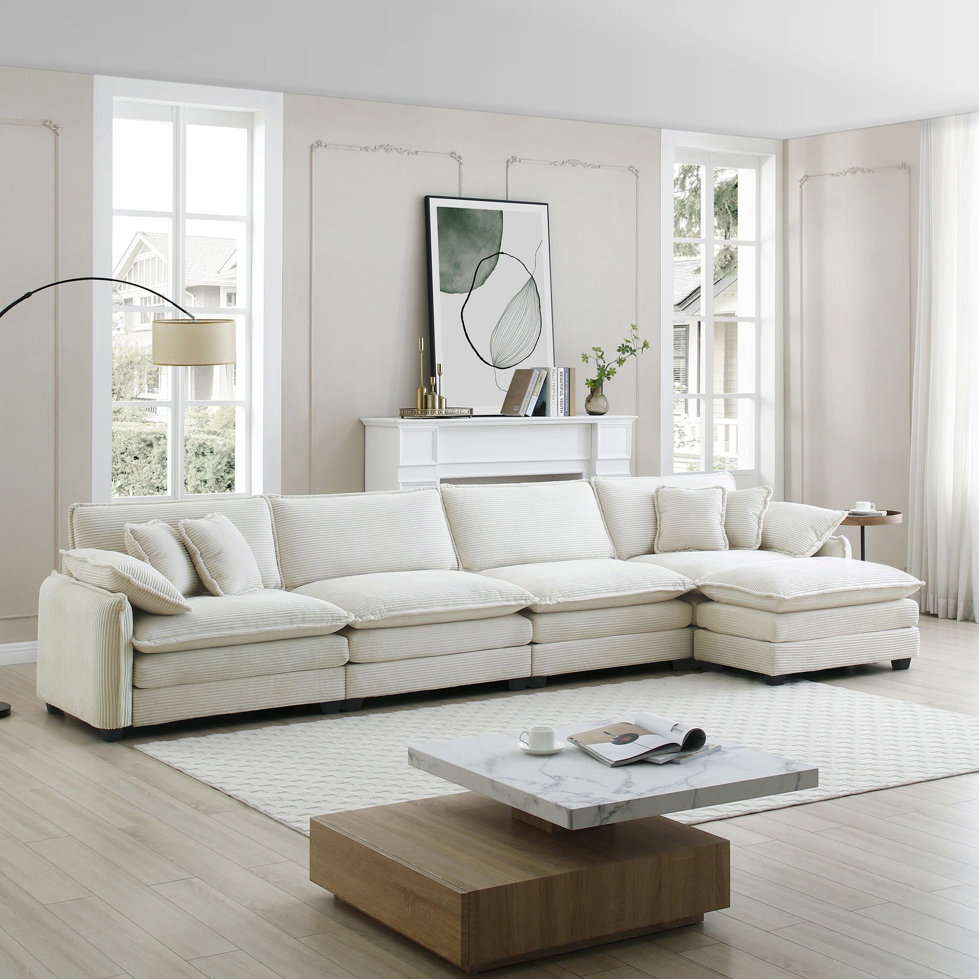 Corduroy Sofa Modern Upholstered 4 Seater with with 1 Footstool Corduroy Fabric Sofa , Office Living Room Apartment Comfort Sofa, Easy to Assemble with 2 Arm Pillows and 4 Throw Pillows