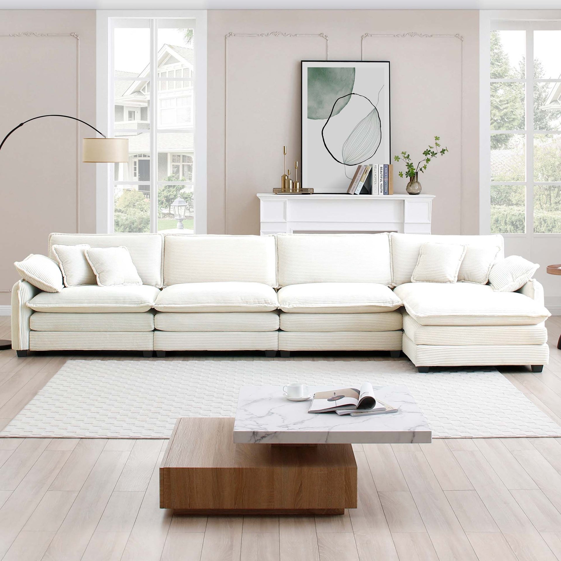 Corduroy Sofa Modern Upholstered 4 Seater with with 1 Footstool Corduroy Fabric Sofa , Office Living Room Apartment Comfort Sofa, Easy to Assemble with 2 Arm Pillows and 4 Throw Pillows