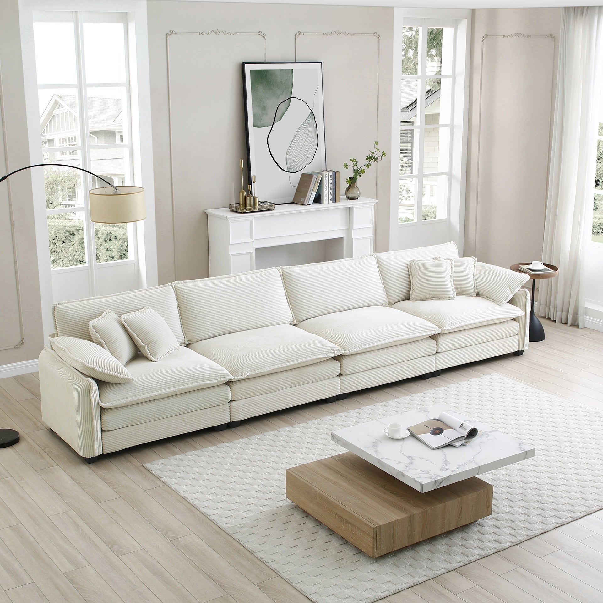 Corduroy Sofa , Modern Upholstered 4 Seater Corduroy Fabric Sofa , Office Living Room Apartment Comfortable Sofa, Easy to Assemble with 2 Arm Pillows and 4 Throw Pillows
