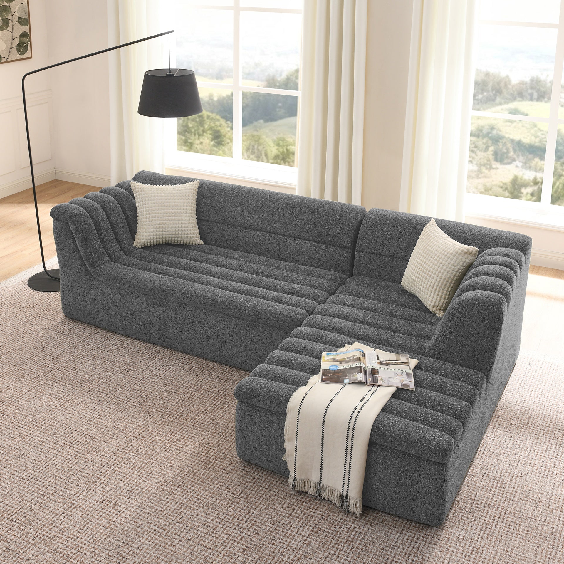 106" L-Shaped Modular Sectional Sofa with Chaise for Living Room, Chenille Upholstered Boneless Couches with Wave-Shaped Armrest, No Pillows Included
