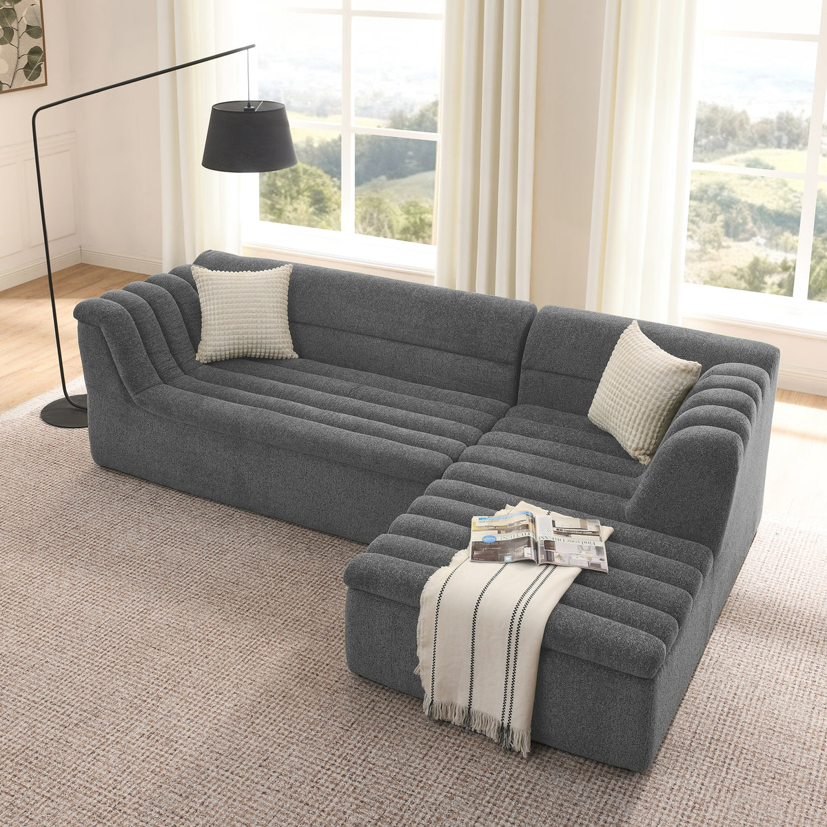 106" L-Shaped Modular Sectional Sofa with Chaise for Living Room, Chenille Upholstered Boneless Couches with Wave-Shaped Armrest, No Pillows Included