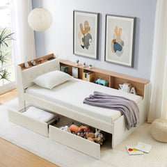 Twin Size Upholstery Velvet Day Bed with Storage Headboard and Wireless Charging, Multi-functional Daybed with Two Storage Drawers & LED Lights, Beige